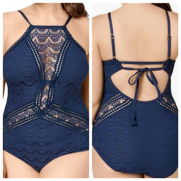Becca Halter Crochet One Piece Plus Size 1X Blue Swimsuit Sexy Luxe Boho - Picture 1 of 8